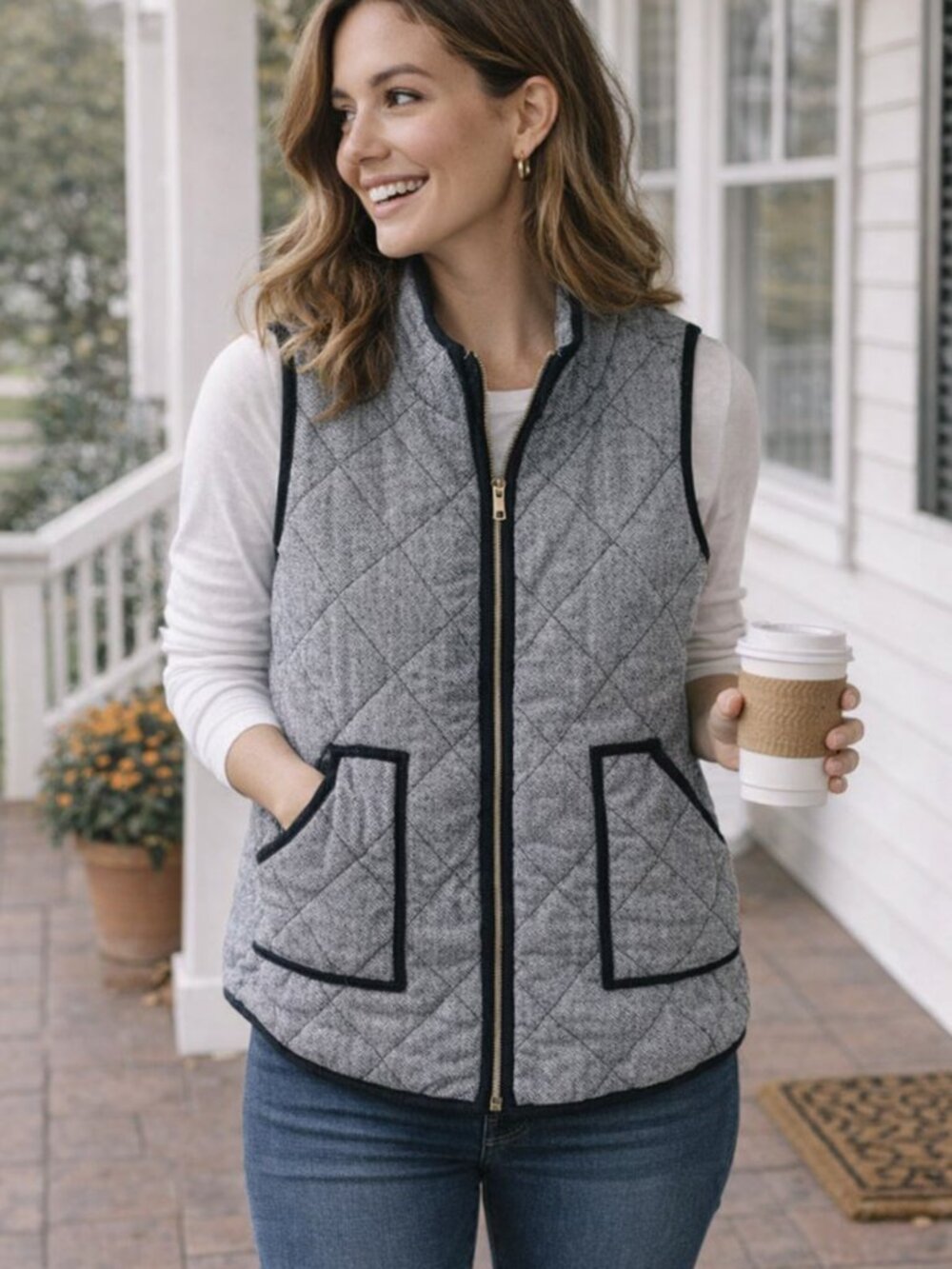41 Hawthorne Houndstooth Quilted Black and White Vest